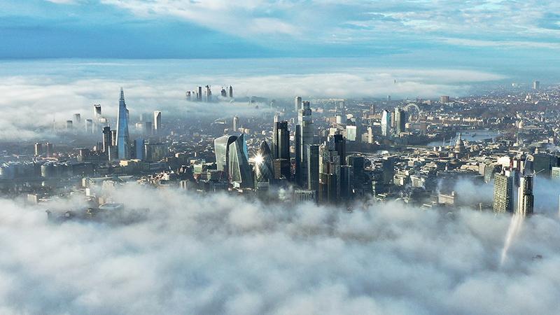 Aerial of foggy London