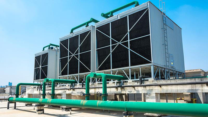 Sets of cooling towers in a data center building.
