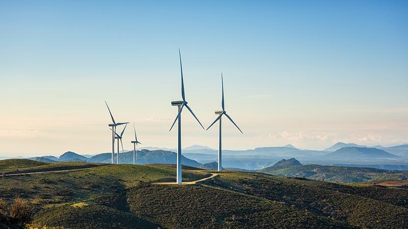 Wind turbines on mountain wind farm