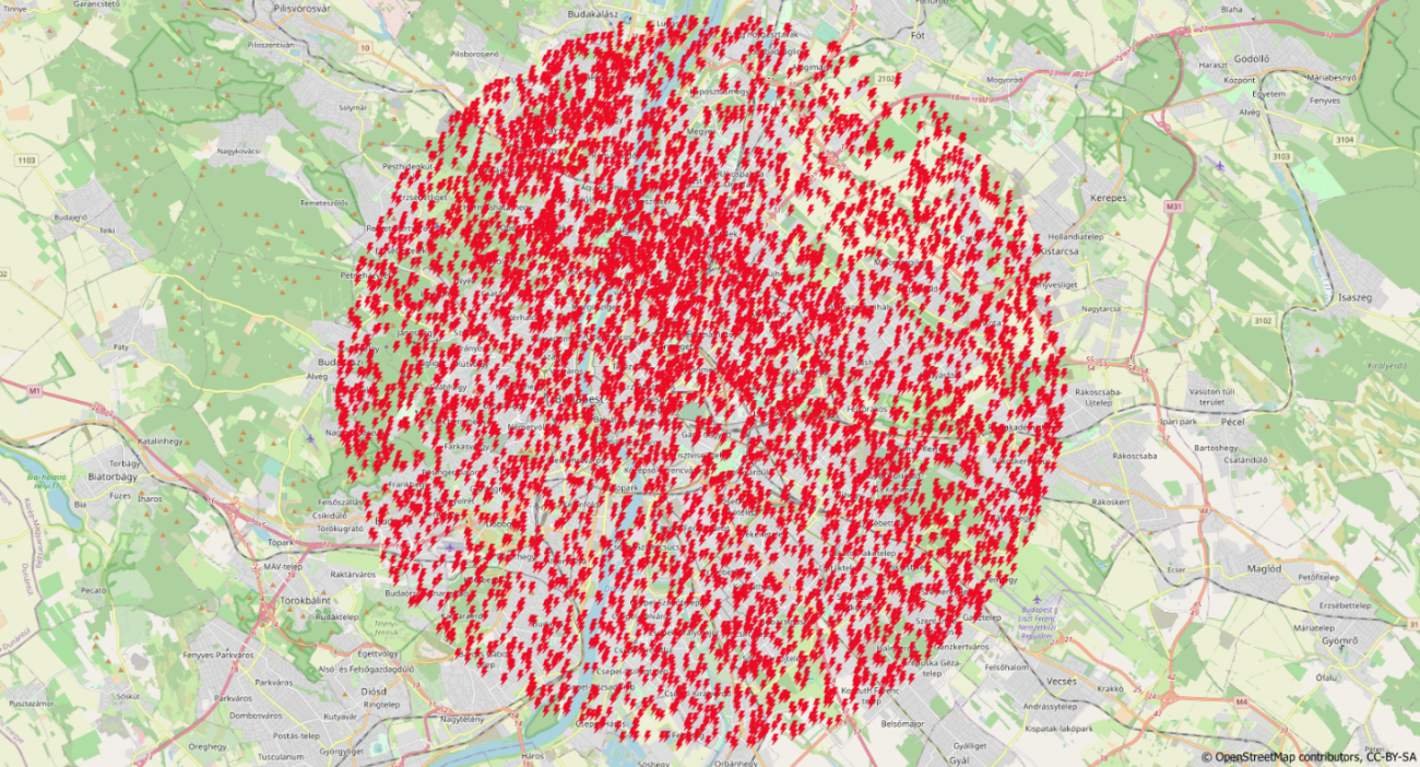Map showing the location of the 5,258 lightning events detected within 12.8 km of Puskas Arena in Budapest, Hungary, from June 11 – July 11 in 2016-2020.