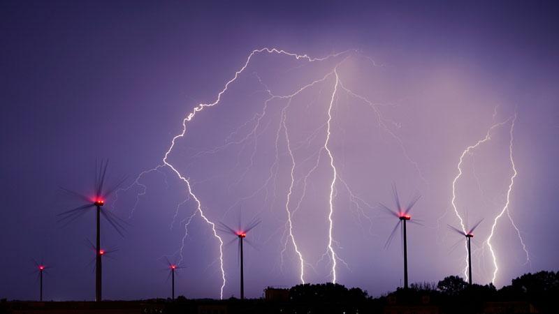 Strike damage potential: lightning storm over a wind farm