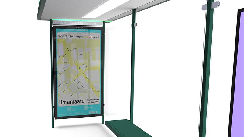 Illustration of a bus stop with air quality display.