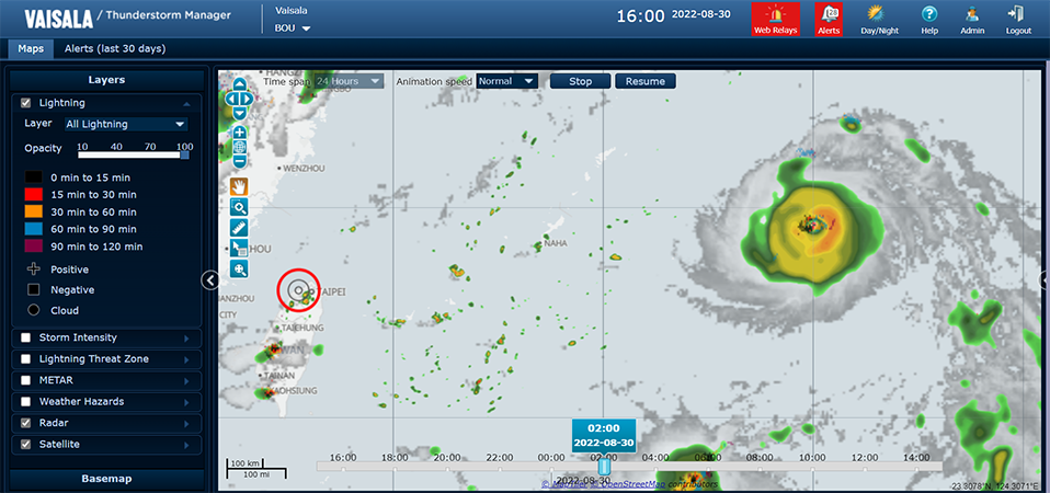 Screenshot from Vaisala Thunderstorm Manager showing lightning, infrared satellite, and derived radar information for the Super Typhoon Hinnamnor in the Pacific on August 30, 2022.