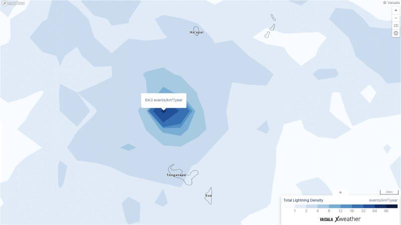 Shaded map showing lightning density over and around the Hunga Volcano in the Kingdom of Tonga. The average lightning density over the Hunga Volcano for 2016-2022 is 64 lightning events per km2 per year.