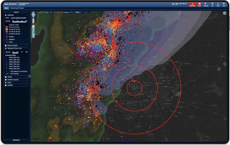 Thunderstorm Manager screenshot showing a major storm and lightning events near Dallas, Texas