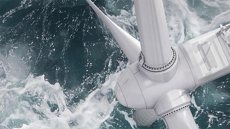 海洋风力发电机特写俯瞰图