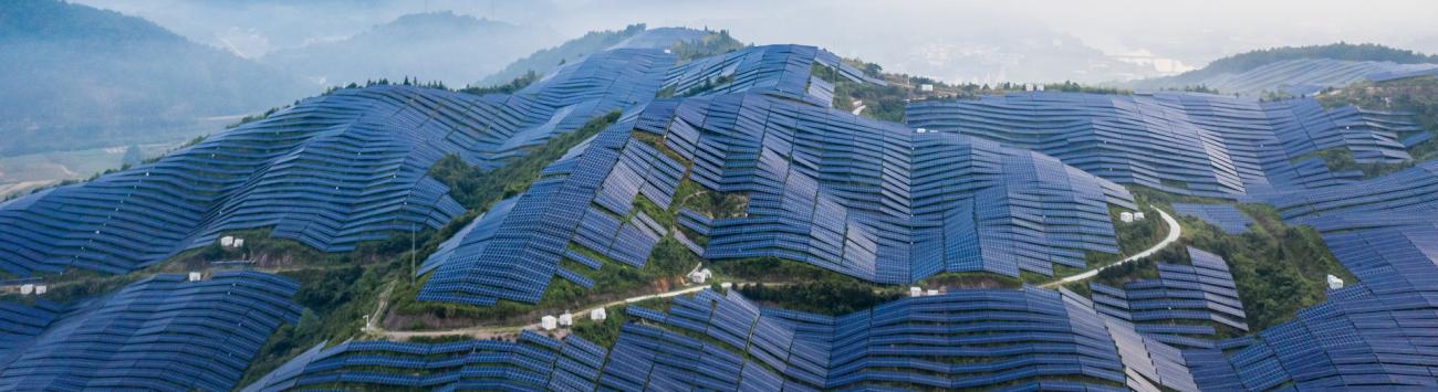 Beautiful mountain solar power station in the morning