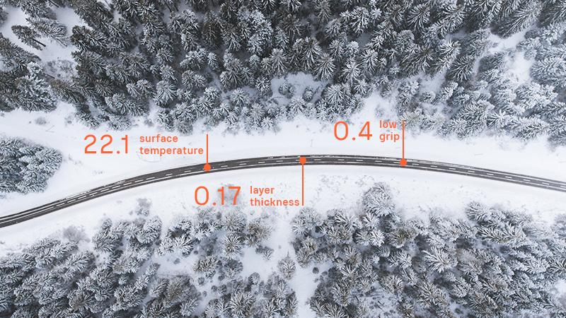 Snowy winter road from above with temperature stats.