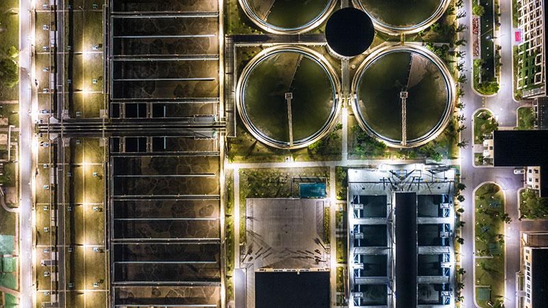 Modern wastewater treatment plant of a chemical factory at night