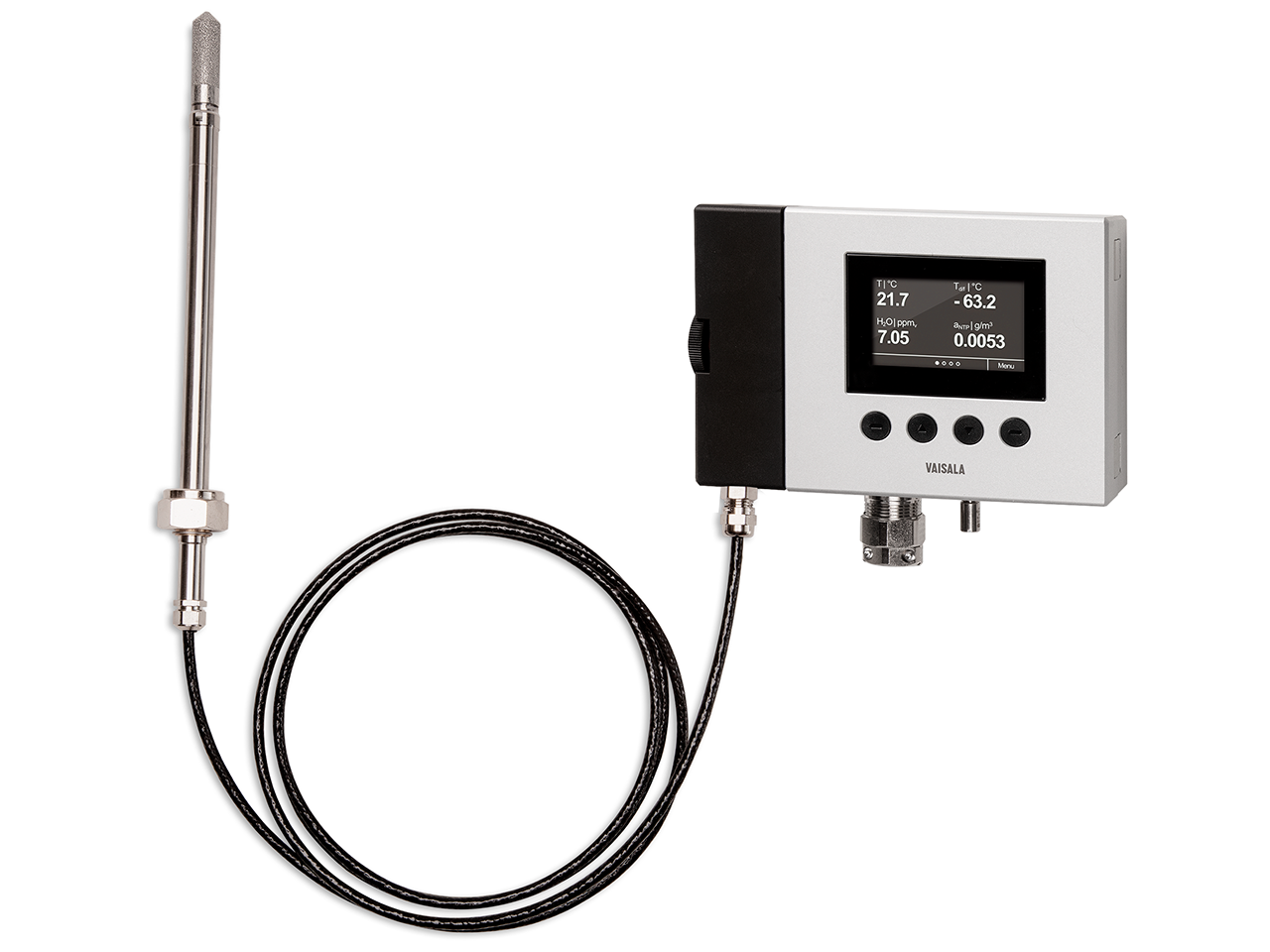 DMP370 intrinsically safe dew point measurement. Pictured here with the DMP374 probe head for pressurized pipelines.