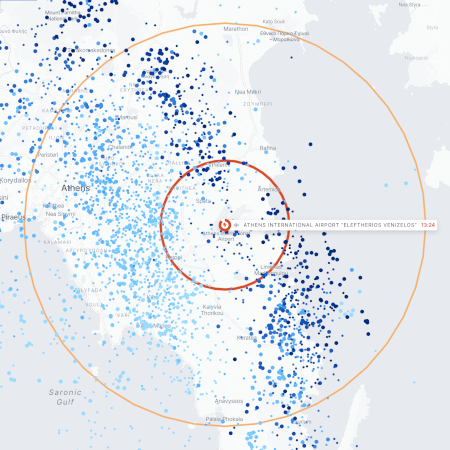 Map showing real-time lightning detection and alerts around Athens airport