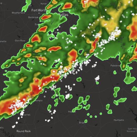 Map showing real-time lightning data from the Xweather API
