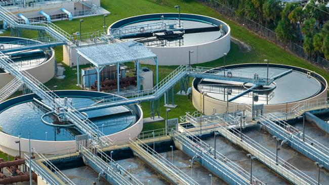 Aerial view of a modern water cleaning facility at urban wastewater treatment plant