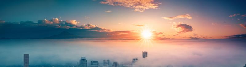  Compliance_Portland downtown with rolling fog and autumn foliage in shining sunrise and colorful clouds