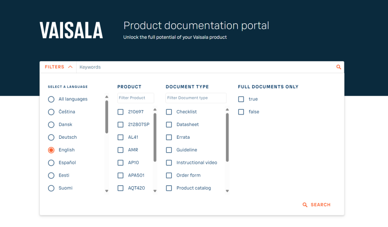 Docs.vaisala.com homepage with filter view open.