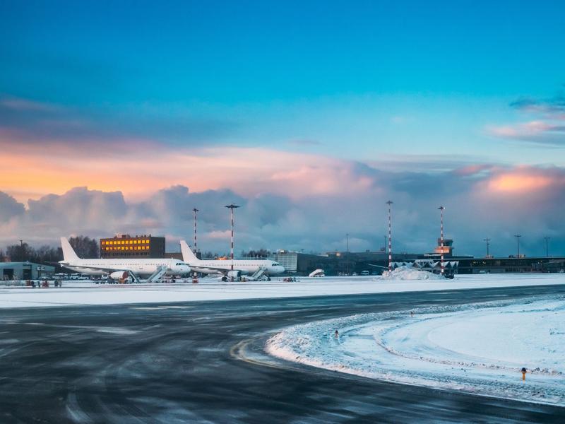 Aircrafts at international airport in winter
