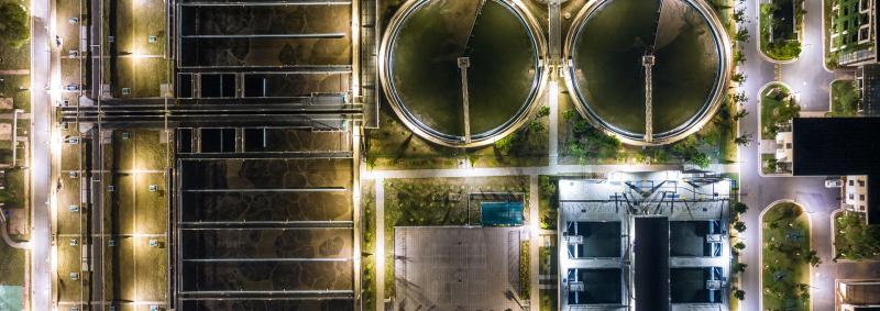 Modern wastewater treatment plant of a chemical factory at night