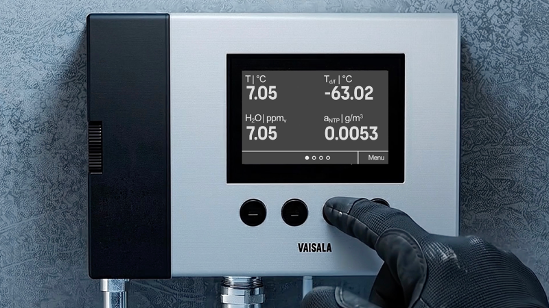 Vaisala DMP370 touch-screen enabled PPE-gloved hand pressing a button