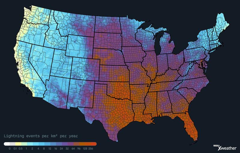 Lightning density map from NLDN data