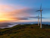 Wind farm at sunrise, Oiz, Spain.