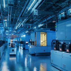 Semiconductor production fab cleanroom with AGV robots