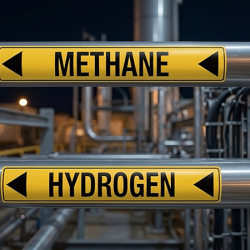 Pipelines in a factory labelled methane and hydrogen