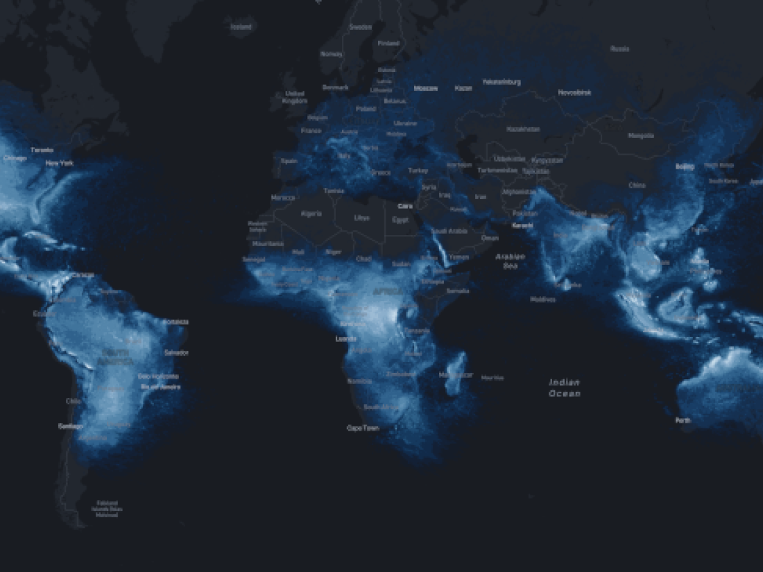 Global map showing lightning density data