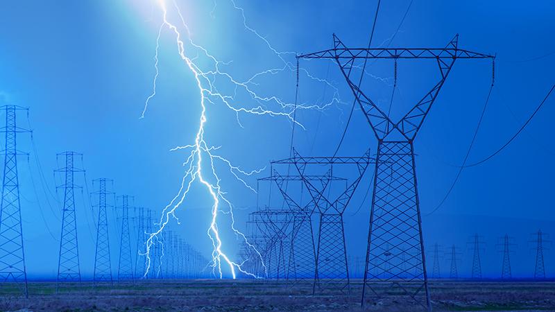 High voltage power line with amazing lightning High voltage power line with amazing lightning